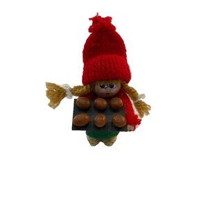Vintage 3" Wooden Swedish Tomte Girl Holding Sheet of Baked Goodies Handmade